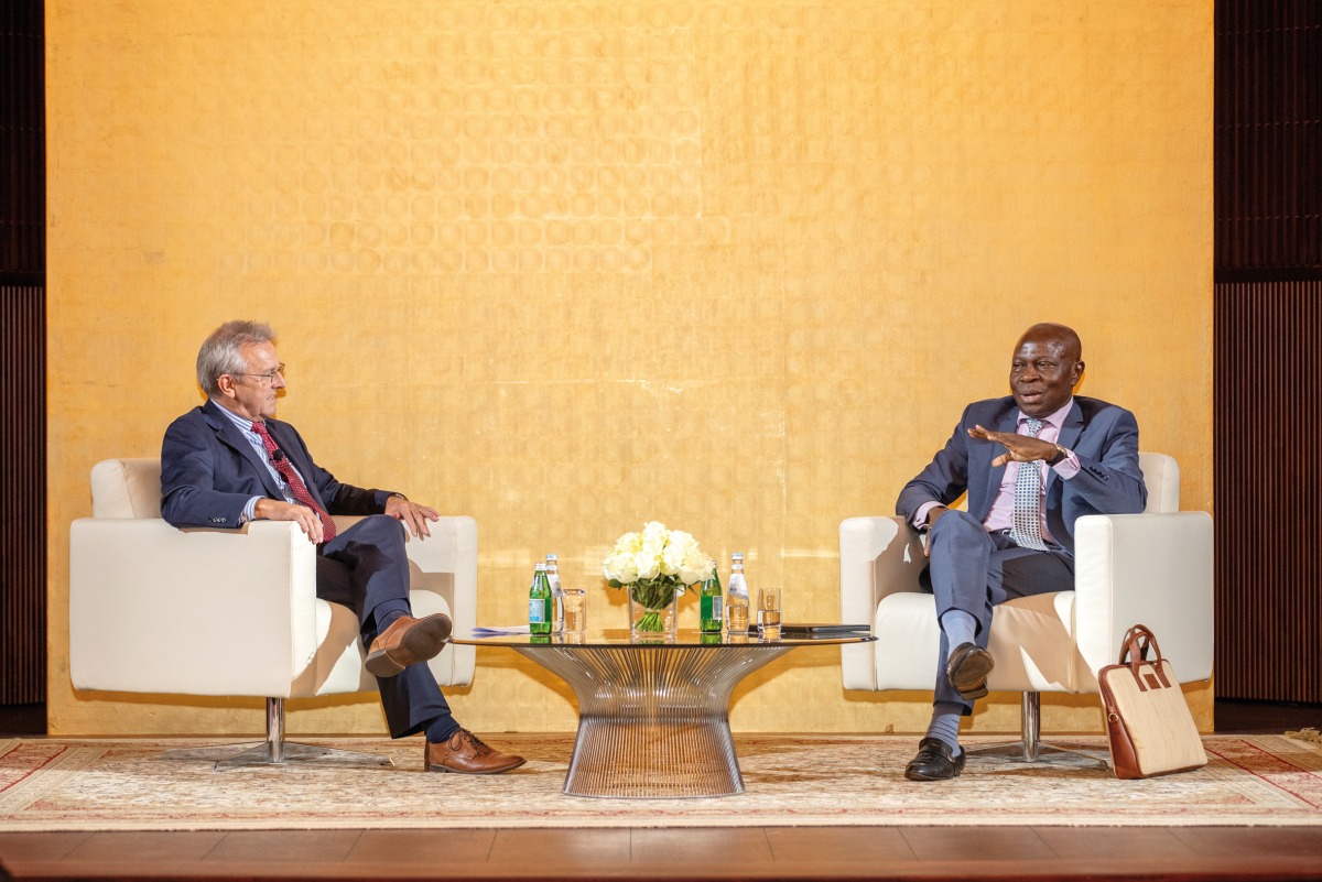Gilbert F Houngbo (right), Director-General of the International Labour Organisation,   in conversation with Dr. Gerd Nonneman, Professor of International Relations and Gulf Studies at GU-Q.
