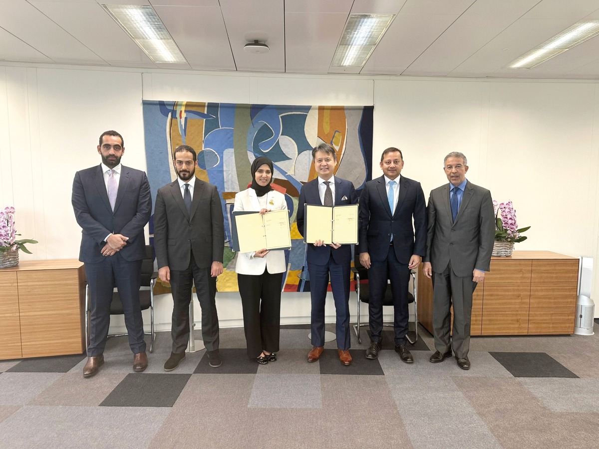 Permanent Representative of Qatar to UN and other International Organizations in Geneva H E Dr. Hend bint Abdalrahman Al Muftah and Director-General of the World Intellectual Property Organization Darren Tang along with other officials during the signing of MoU.