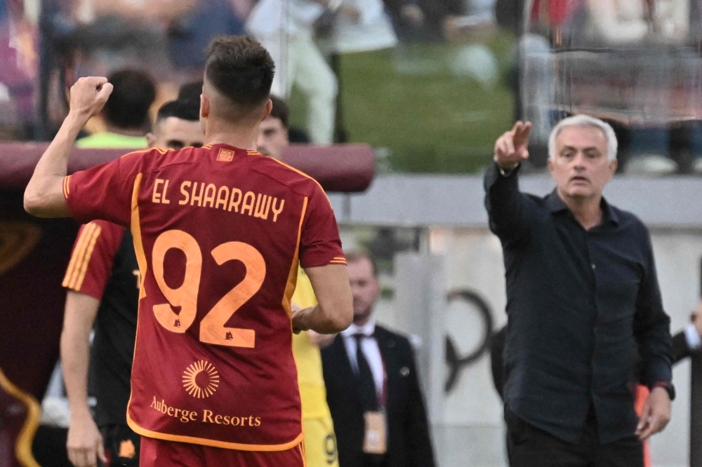 :Roma's Italian forward #92 Stephan El Shaarawy celebrates after scoring during the Italian Serie A football match between AS Roma and Monza at the Olympic stadium in Rome on October 22, 2023. (Photo by Tiziana FABI / AFP)
