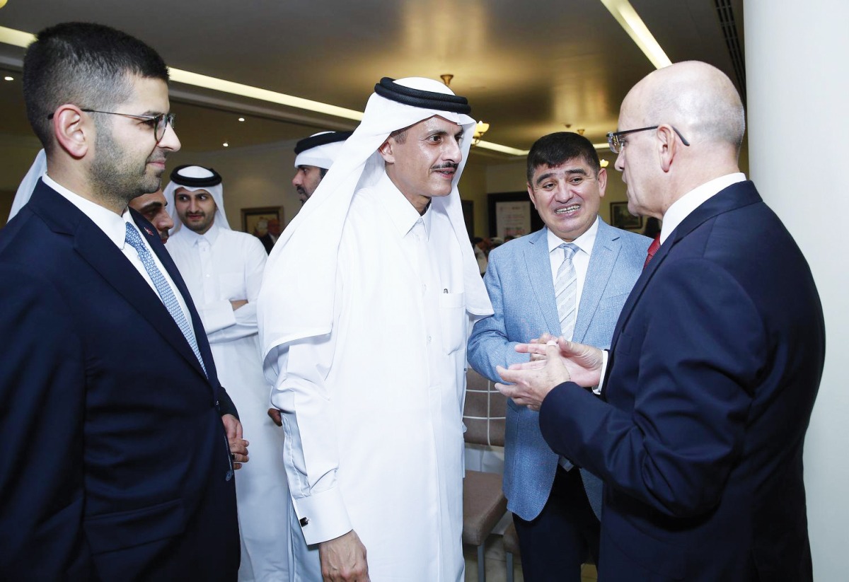 Second Deputy to Chairman of Qatari Businessmen Association, H E Sheikh Dr. Khalid bin Thani Al Thani (third right) with Turkish Minister of Treasury and Finance H E Mehmet Simsek (right) and Ambassador of Turkiye to Qatar H E Dr. Mustafa Goksu (second right) at the event.