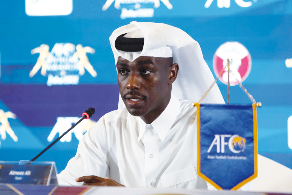 Qatar striker Almoez Ali speaks during a press conference, yesterday. Pic: Mohamed Farag