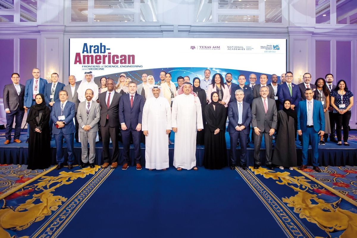 Deputy Prime Minister and Minister of State for Defence Affairs H E Dr. Khalid bin Mohamed Al Attiyah (sixth right), Minister of Education and Higher Education H E Buthaina bint Ali Al Jabr Al Nuaimi (fifth right), Minister of Environment and Climate Change H E Sheikh Dr. Faleh bin Nasser bin Ahmed bin Ali Al Thani (sixth left) with diplomats, officials and delegates during the event.