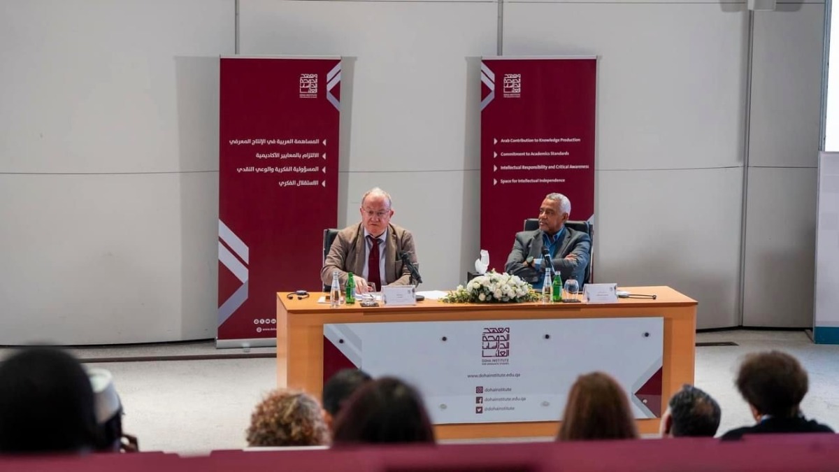 Dr. Olivier Roy, Professor at the Robert Schuman Center for Advanced Studies (left) and Dr. Abdelwahab El-Affendi, President of the Doha Institute during the Doha Institute for Graduate Studies' inaugural lecture for academic year 2023-2024 on October 31, 2023.