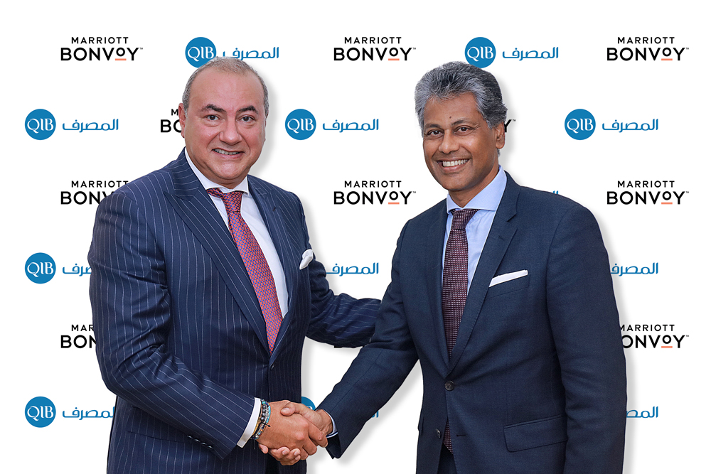 Group CEO of QIB Bassel Gamal and President for Europe, Middle East & Africa, Marriott International Satya Anand during the event.