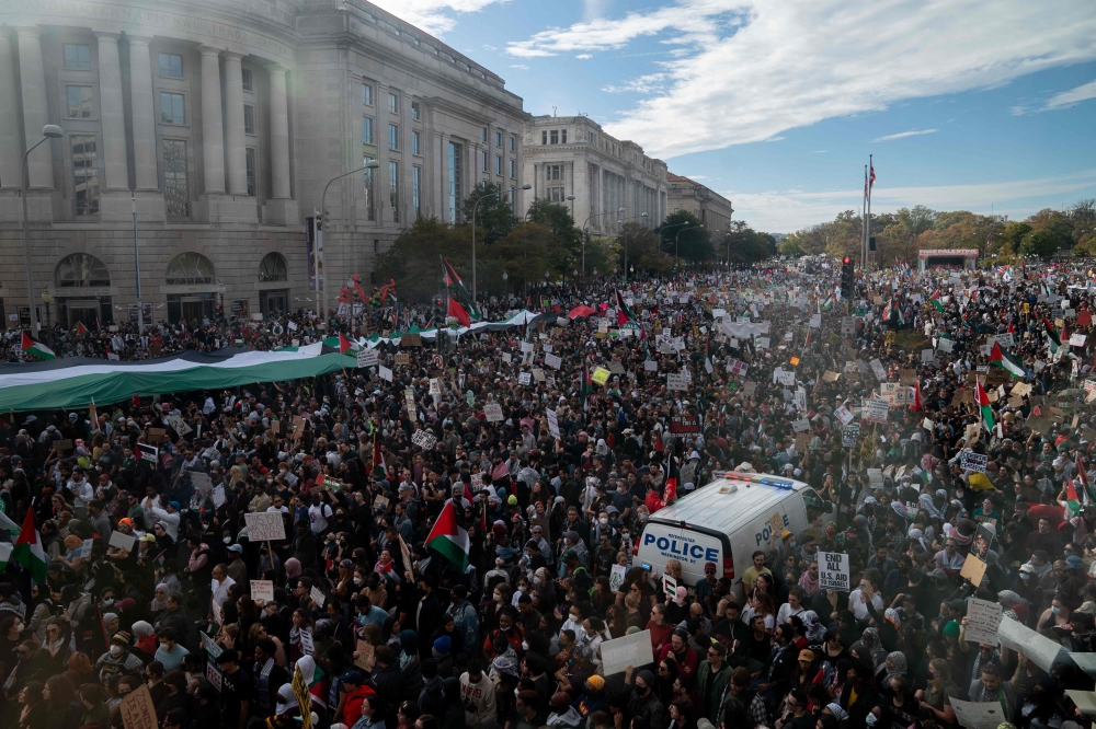 Demonstrators gather in Freedom Plaza during a rally in support of Palestinians in Washington, DC, on November 4, 2023. Photo by Stefani Reynolds / AFP