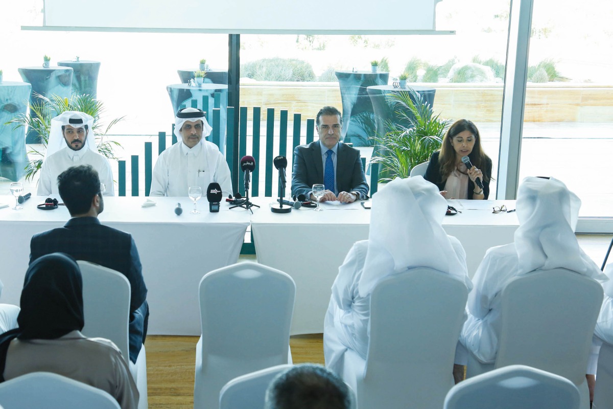 Assistant Undersecretary for Climate Change Affairs of MoECC Eng Ahmed Mohammed Al Sada (second left) and Executive Director of Earthna Dr Gonzalo Castro de la Mata (second right) with other official during the launch of Qatar Sustainability Week 2023.