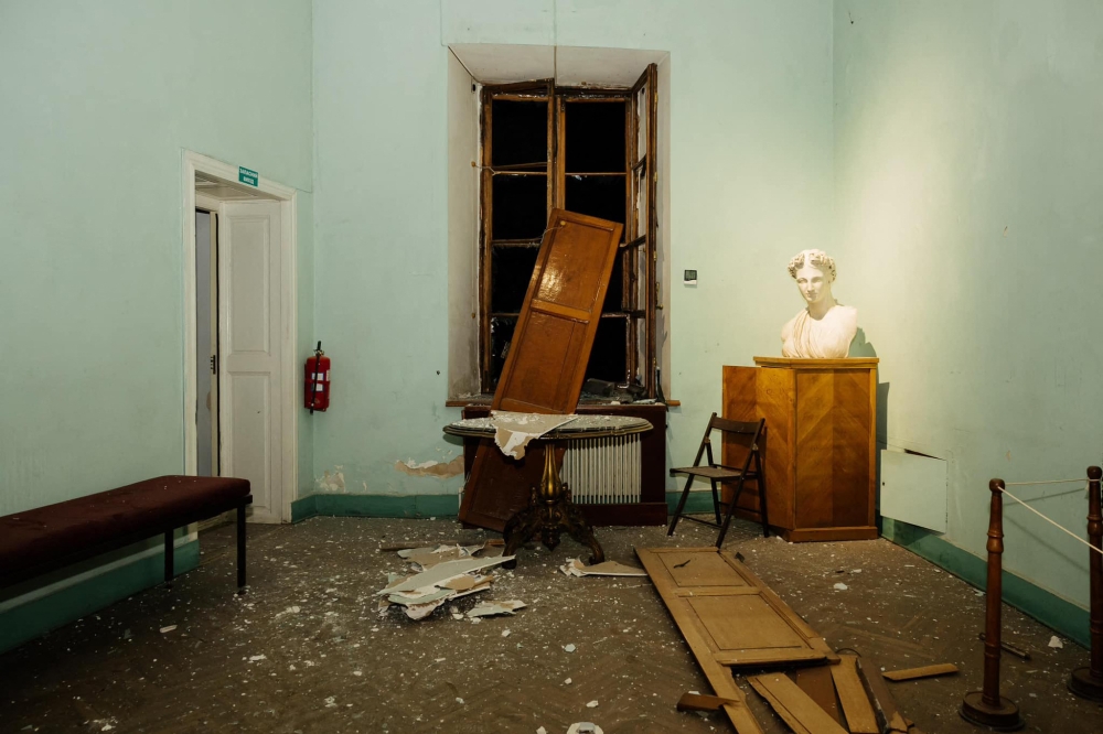 This photograph taken on November 5, 2023 and released on November 6, 2023 by Odesa National Fine Arts Museum shows an exhibition hall damaged following a late strike in Odesa, amid the Russian invasion of Ukraine. (Photo by Handout / ODESA NATIONAL FINE ARTS MUSEUM / AFP)