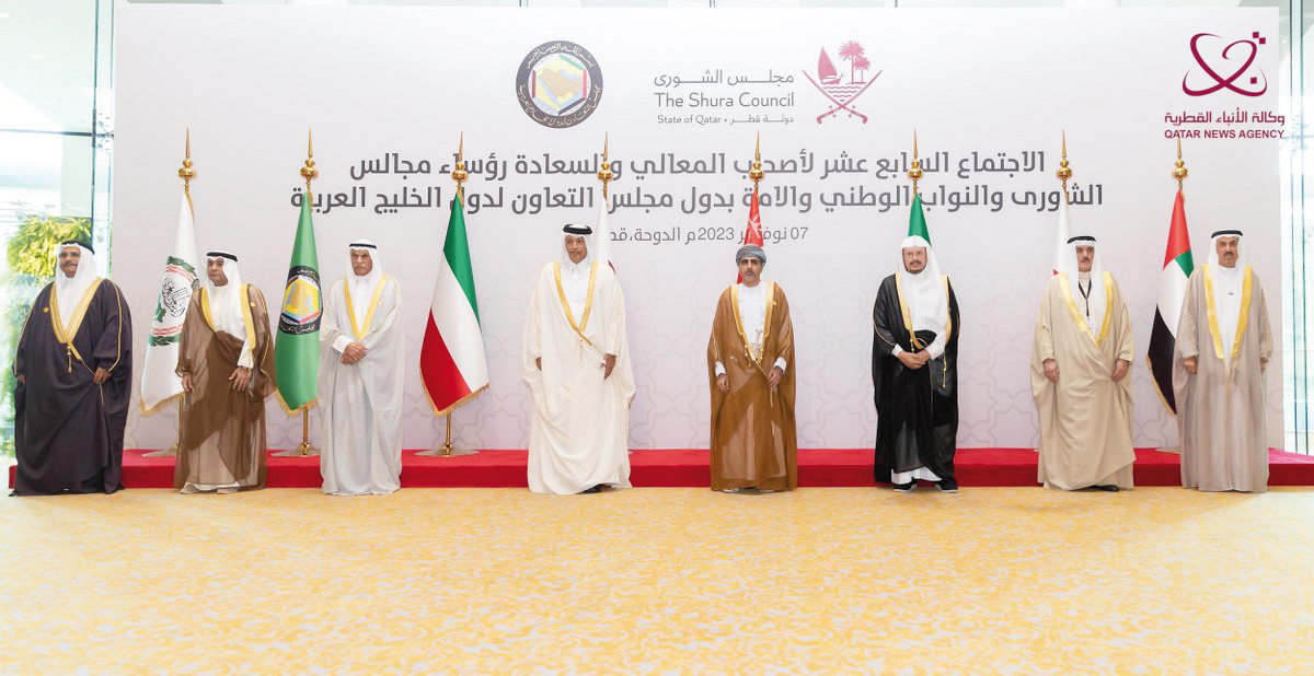 Speaker of the Shura Council H E Hassan bin Abdullah Al Ghanim (fourth left) and heads of the GCC legislative councils pose for a group photo on the occasion of their meeting in Doha yesterday.