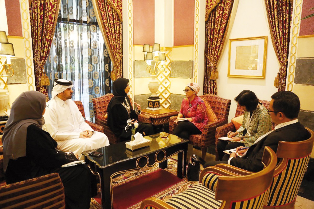 Minister of State for International Cooperation at the Ministry of Foreign Affairs H E Lolwah bint Rashid Al Khater with Minister of Foreign Affairs of the Republic of Indonesia H E Retno Lestari Priansari Marsudi in Jeddah, Saudi Arabia, yesterday.