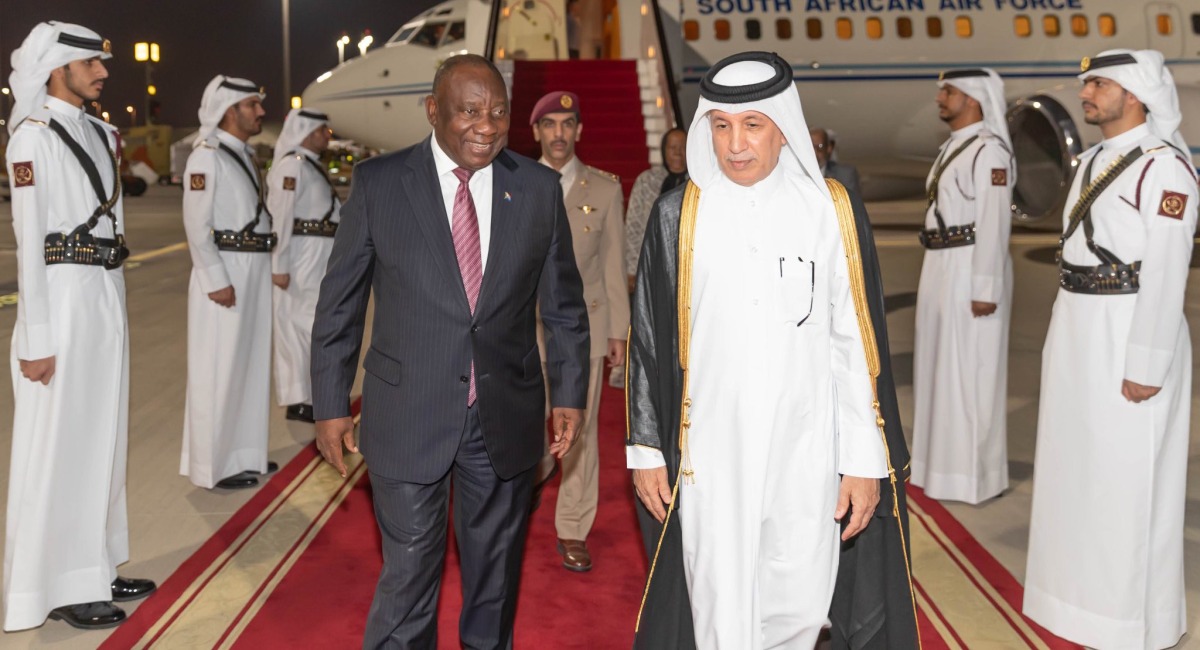 President of the Republic of South Africa HE Cyril Ramaphosa was welcomed upon his arrival to Doha by the Minister of State for Foreign Affairs HE Sultan bin Saad Al Muraikhi on Tuesday evening, November 14, 2023.