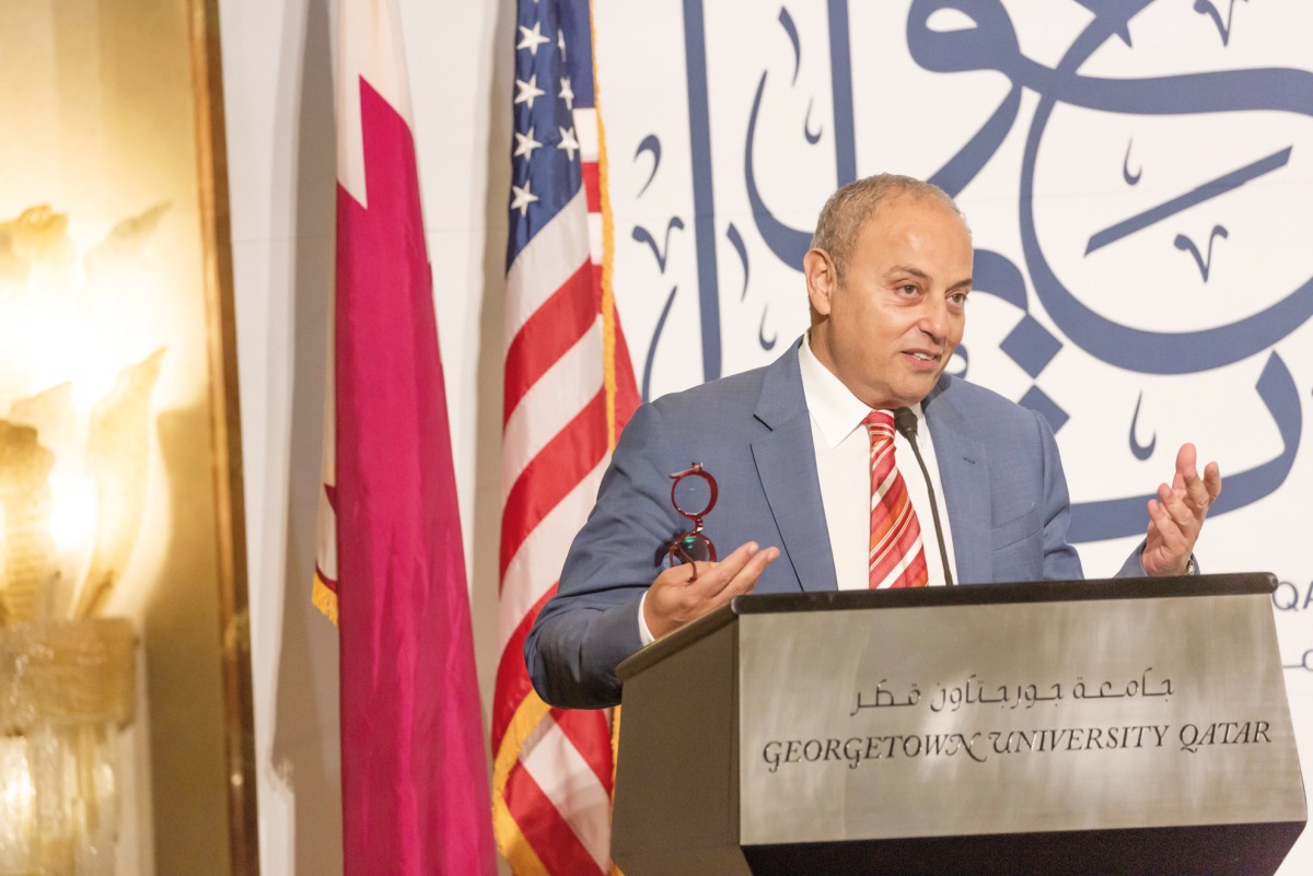 GU-Q Dean Dr. Safwan Masri addressing 'Sustaining the Oasis' conference. 