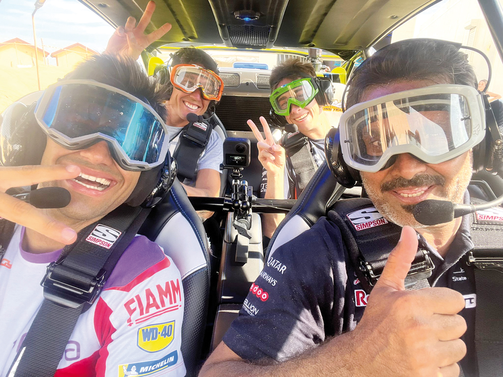 Dakar Rally winner Nasser Al Attiyah with MotoGP riders Pedro Acosta, Alexis Espargaro and Jorge Martin.