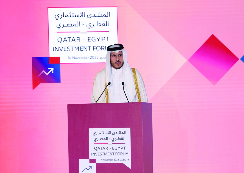 Minister of Commerce and Industry H E Sheikh Mohammed bin Hamad bin Qassim Al Thani addressing the Qatari-Egyptian Investment Forum in Cairo.