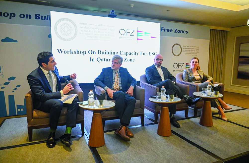 A panel of experts sharing insights during ‘Workshop on Building Capacity for ESG in Qatar Free Zones' event.
