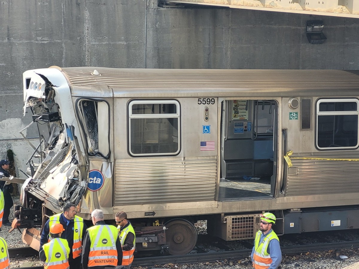 Handout photos provided by the Chicago Fire Department on November 16, 2023, show workers examining the damage to a CTA train in Chicago, Illinois. Photo by HANDOUT / Chicago Fire Department / AFP