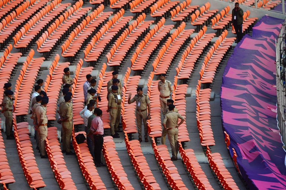 Security preparations on the stands of the Narendra Modi Stadium in Ahmedabad on November 17, 2023. (Photo by Sam Panthaky / AFP)
