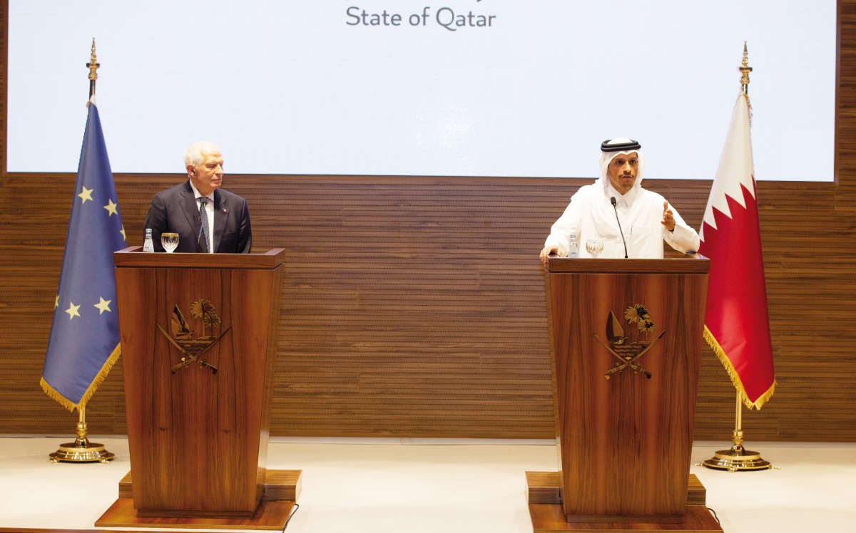 Prime Minister and Minister of Foreign Affairs H E Sheikh Mohammed bin Abdulrahman bin Jassim Al Thani and EU foreign affairs chief H E Josep Borrell addressing a joint press conference in Doha yesterday. Pic: Rajan Vadakkemuriyil