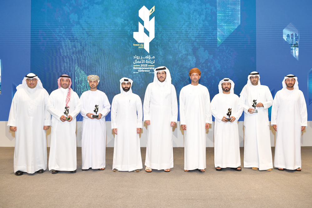 Minister of Commerce and Industry H E Sheikh Mohammed bin Hamad bin Qassim Al Thani; Assistant Secretary-General for Economic and Development Affairs in the General Secretariat of the Gulf Cooperation Council H E Khalid Ali Salim Al Sunaidi; Qatar Development Bank CEO Abdulrahman Hesham Al Sowaidi with other dignitaries at the opening of Rowad 2023 at QNCC, yesterday. 