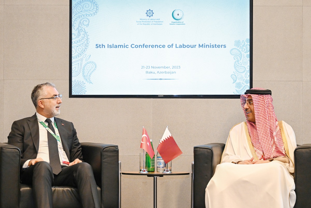 Minister of Labour H E Dr. Ali bin Smaikh Al Marri meeting with Turkish Minister of Labour and Social Security H E Vedat Işıkhan on the sidelines of Fifth Islamic Conference of Labour Ministers in Baku.