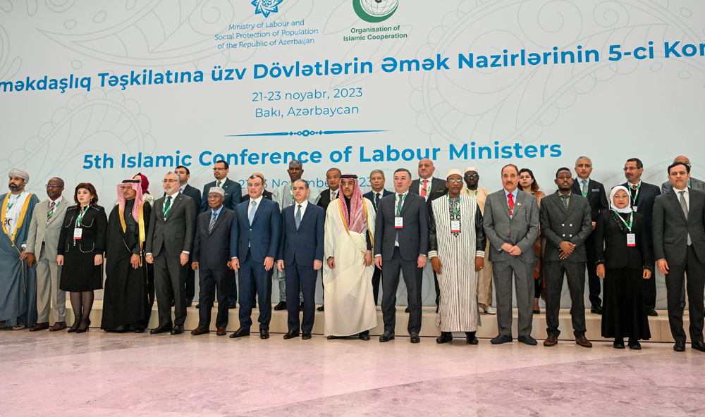Minister of Labour H E Dr. Ali bin Smaikh Al Marri (seventh right) and other delegates at the opening of the fifth Islamic Conference of Labour Ministers, in Baku, Azerbaijan.
