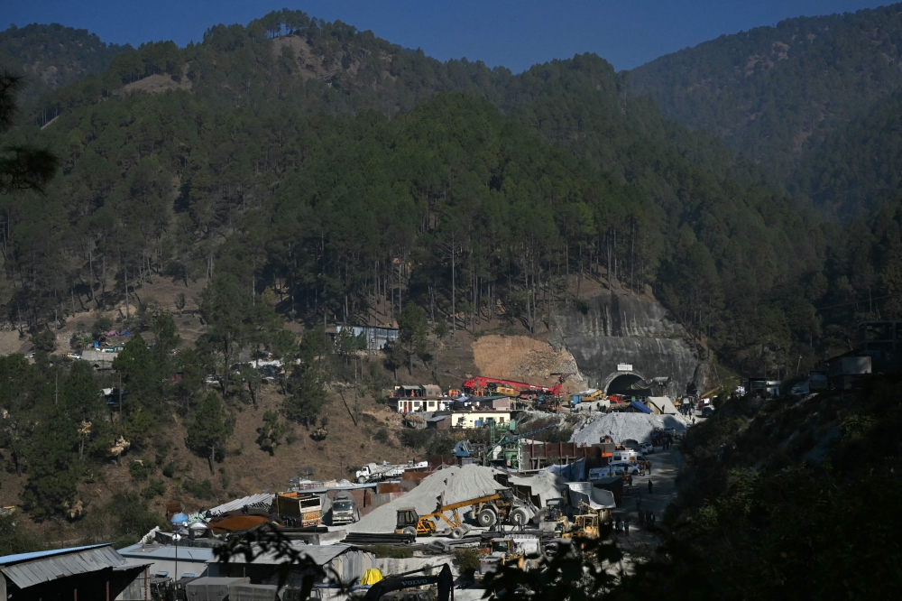 General view of the Silkyara under construction road tunnel on November 25, 2023. (Photo by Arun Sankar / AFP)
 