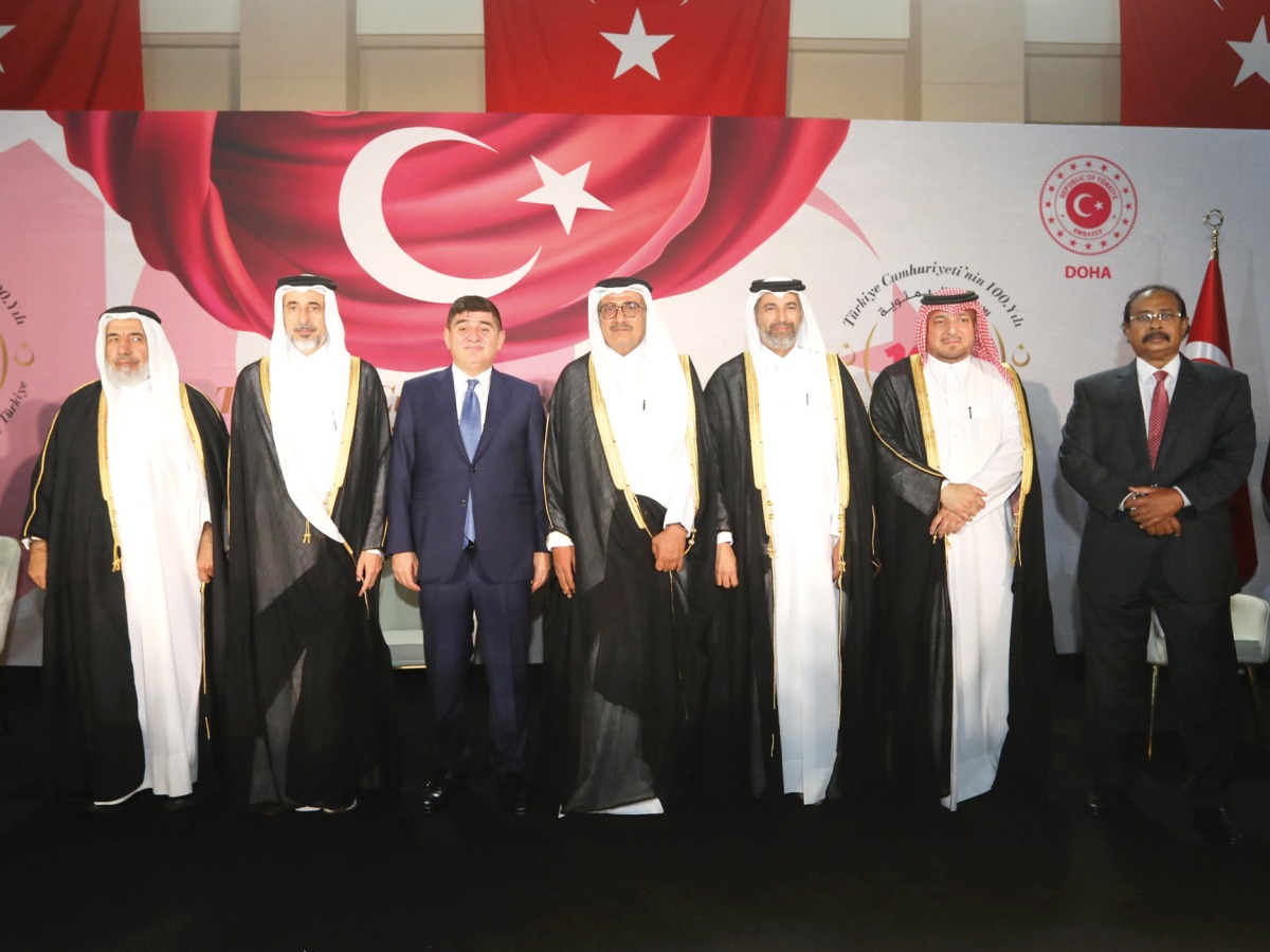 Minister of Sports and Youth H E Salah bin Ghanem bin Nasser Al Ali (second left); Minister of Awqaf and Islamic Affairs H E Ghanem bin Shaheen bin Ghanem Al Ghanim (first left); Minister of Justice H E Masoud bin Mohamed Al Ameri (centre); Minister of Environment and Climate Change H E Sheikh Dr. Faleh bin Nasser bin Ahmed bin Ali Al Thani (third right); Turkish Ambassador to Qatar H E Dr. Mustafa Goksu (third left); Ministry of Foreign Affairs Director of Protocol H E Ambassador Ibrahim Fakhro (second right) and Eritrean Ambassador and the Diplomatic Corps Dean H E Ali Ibrahim (first right) during the celebrations.