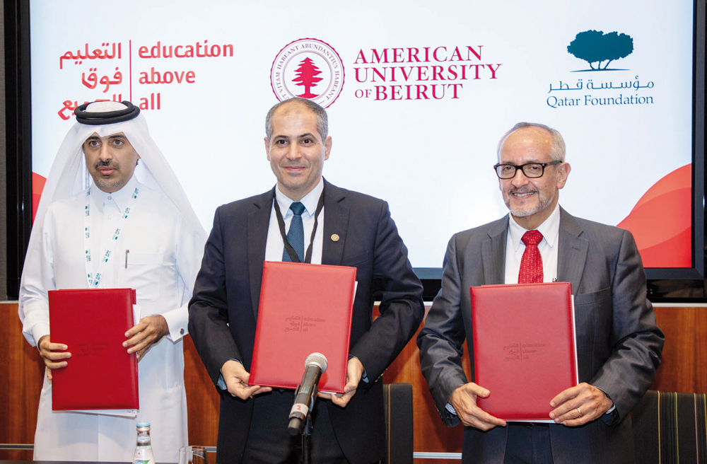 FROM LEFT: Fahad Al Sulaiti, Chief Executive Officer, Education Above All Foundation; Zaher Dawy, Provost, the American University of Beirut; and Francisco Marmolejo, President of Higher Education at Qatar Foundation at the agreement signing. 