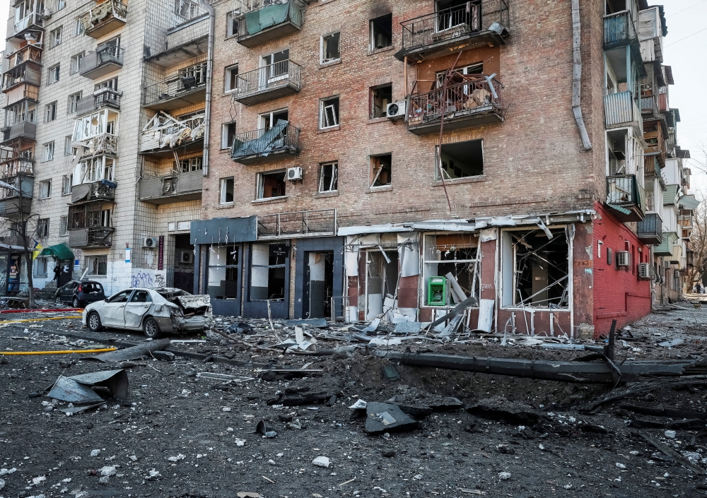 A view shows a building destroyed by shelling as Russia's attack on Ukraine continues, in Kyiv, Ukraine March 14, 2022. REUTERS/Gleb Garanich

