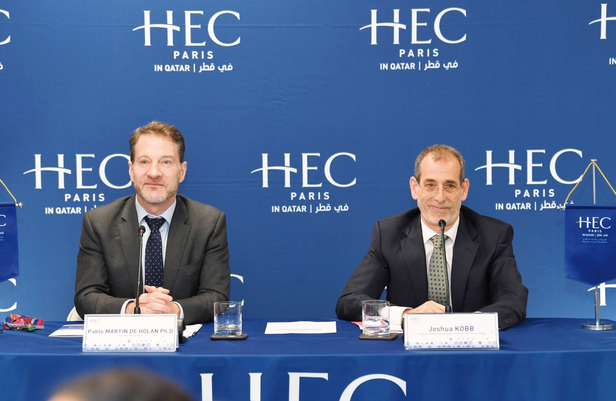 Dean of HEC Paris in Qatar Dr Pablo Martin de Holan (left) and Executive Director of Partnerships and Growth at HEC Paris in Qatar Joshua Kobb during a  press conference. 