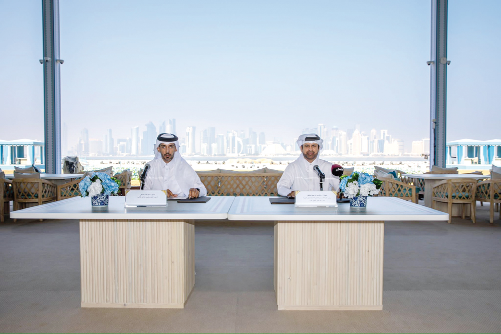 General Manager of Katara Cultural Village Foundation and President of the hosting committee Prof. Dr. Khalid bin Ibrahim Al Sulaiti (right) with the CEO of Qatar Insurance Group Salem Khalaf Al Mana’i during a press conference in Doha.