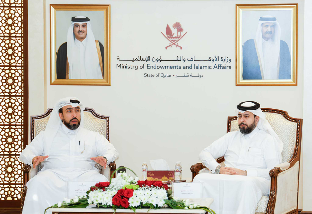 Head of Training and Administrative Development Department at the Ministry of Awqaf and Islamic Affairs Dr. Muhammad Khalifa Ghanem Al Kubaisi (left) and CEO of Qatar IT company, Dr. Mohammed Hassan Al Jefairi addressing a press conference yesterday.