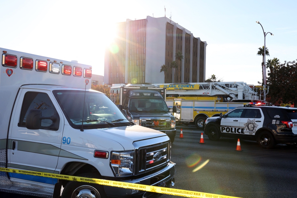 Emergency crews and law enforcement respond to a shooting at the University of Nevada, Las Vegas, campus in Las Vegas on December 6, 2023. Photo by Ronda Churchill / AFP