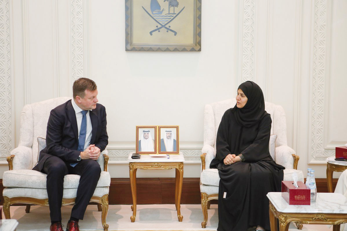 Deputy Speaker of the Shura Council H E Dr. Hamda bint Hassan Al Sulaiti with Member of the Parliament of the Republic of Finland H E Ville Skinnari (left) during their meeting in Doha yesterday.