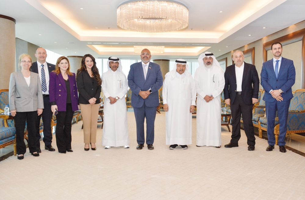 Sheikh Faisal bin Qassim Al Thani QBA Chairman and QBA members with US Assistant Secretary of Commerce for global markets Arun Venkataraman and other officials during the meeting.