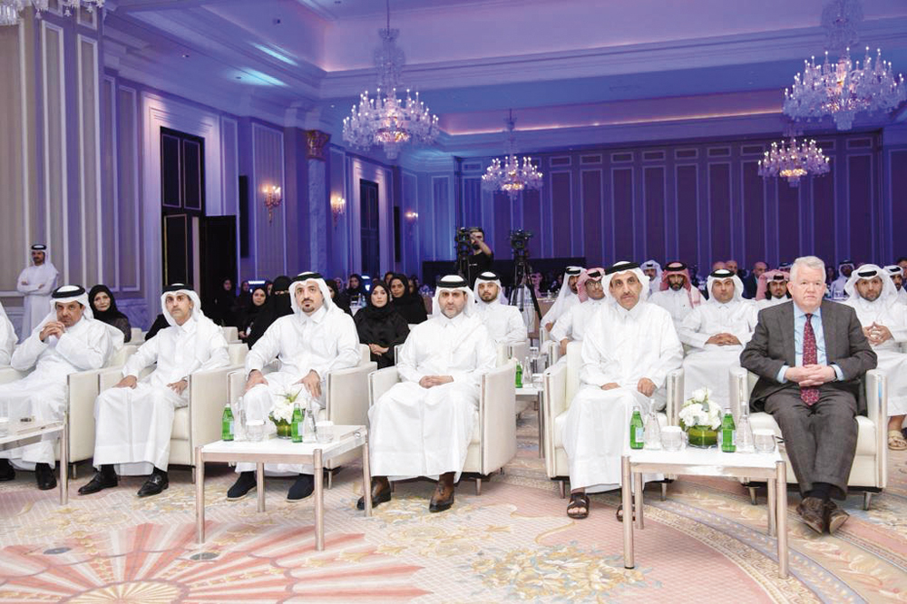Governor of Qatar Central Bank and Chairman of the Board of Directors of QFMA H E Sheikh Bandar bin Mohammed bin Saoud Al Thani and CEO of QFMA Dr. Tamy bin Ahmad Al Binali with dignitaries and officials at the launch of 2023-2027 QFMA 3rd Strategic Plan, yesterday.