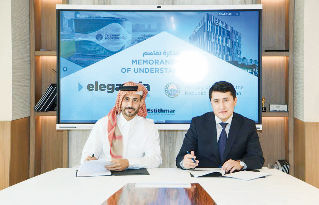 Group CEO of Estithmar Holding Eng. Mohammed bin Badr Al Sadah (left) with Deputy Minister of Health of Uzbekistan H E Omonov Olim Murodullaevich during the event.