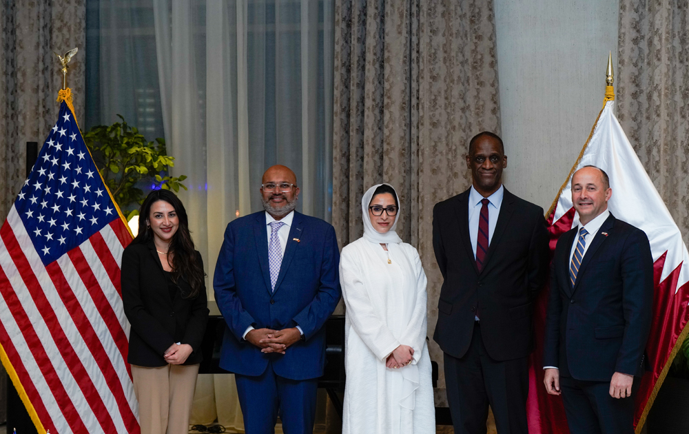 (From left) Deputy Chief of Mission at the US Embassy in Doha Natalie A Baker; Assistant Secretary of Commerce for Global Markets and Director General of the US and Foreign Commercial Service Arun Venkataraman; Managing Director of USQBC in Doha Sheikha Mayes bint Hamad Al Thani; and US Ambassador to Qatar  Ambassador H E Timmy Davis; and another official during the reception.  