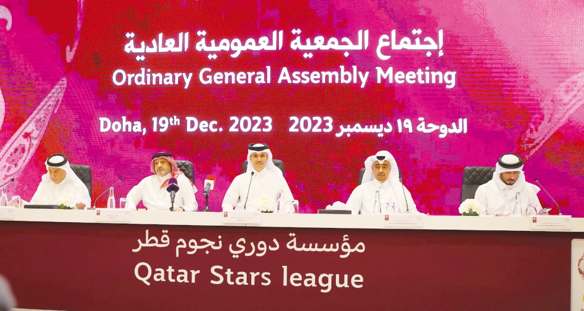 QSL President Jassim bin Rashid Al Buainain (centre) along with other top officials during the ordinary general assembly meeting yesterday.    