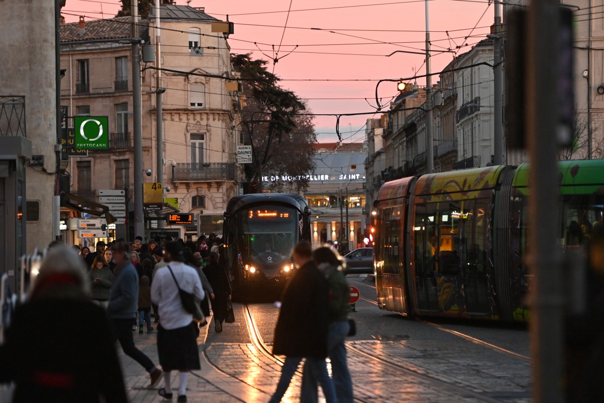 This photograph taken on December 21, 2023, shows tramways running on tracks in Montpellier, southern France. Photo by Sylvain THOMAS / AFP