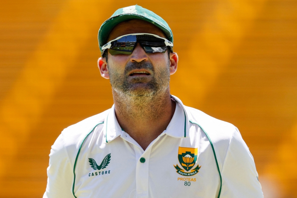 South Africa's Dean Elgar looks on during the fourth day of the second Test cricket match between South Africa and West Indies in Johannesburg on March 11, 2023. (Photo by Phill Magakoe / AFP)