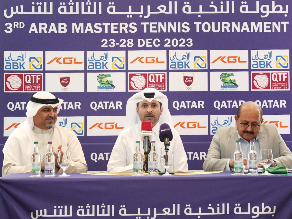 Qatar Tennis, Squash, and Badminton Federation Executive Director Saad Al Muhannadi (centre) speaks during a press conference yesterday.