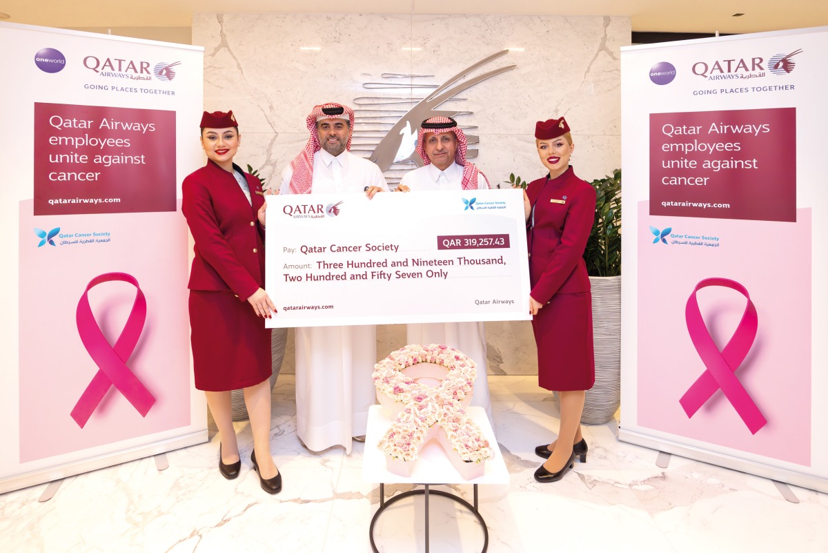 Qatar Airways Group Chief Executive Officer, Engr. Badr Mohammed Al Meer (second left) presenting a donation cheque to Chairman of Qatar Cancer Society, H E Sheikh Dr. Khalid bin Jabr Al Thani (second right).
