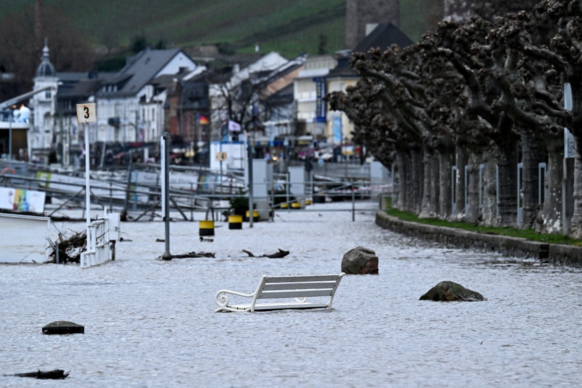 The Rhein river overflows its banks in Ruedesheim am Rhein, western Germany, on December 29, 2023. (Photo by Kirill KUDRYAVTSEV / AFP)
