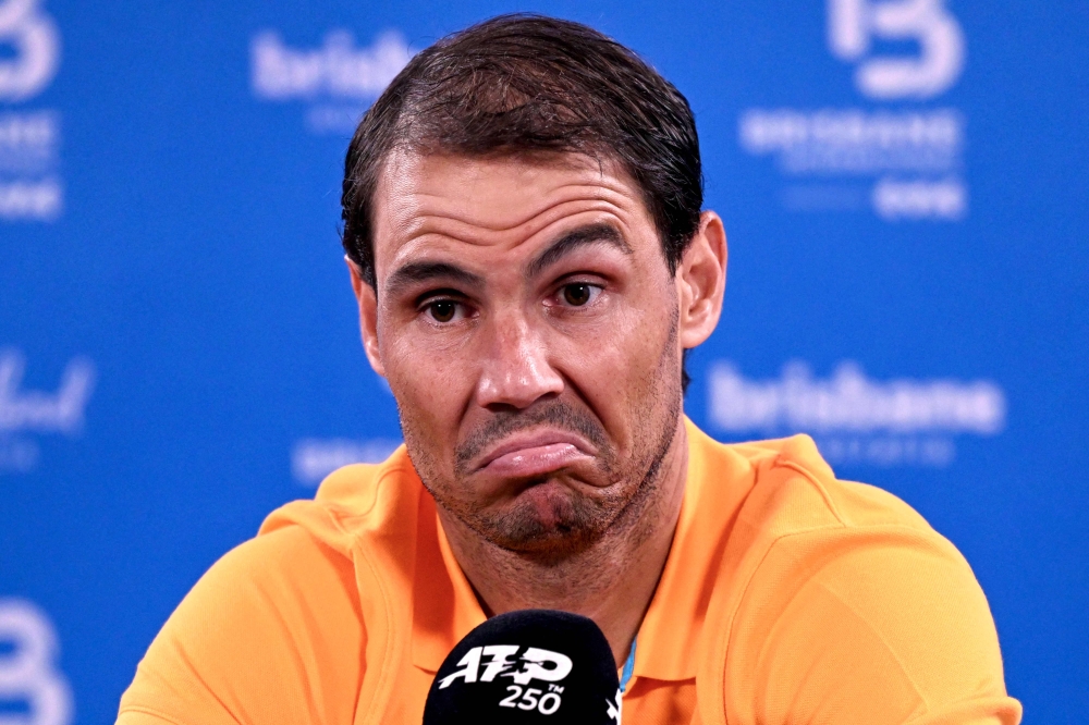 Spain's Rafael Nadal reacts during a press conference after his loss against Australia's Jordan Thompson at their men's singles match during the Brisbane International tennis tournament in Brisbane on January 5, 2024. (Photo by William WEST / AFP)
