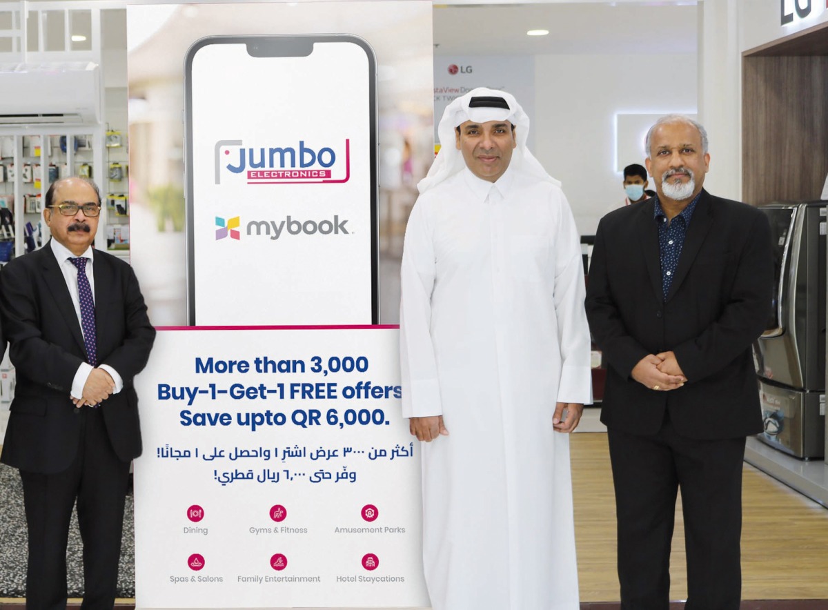 CV Rappai, Director & CEO of Jumbo Electronics; Sajed Sulaiman, Vice-Chairman and Managing Director, Jumbo Electronics and Ranjith Philip Abraham, Head of Retail, Jumbo Electronics during launch of rewards programme.