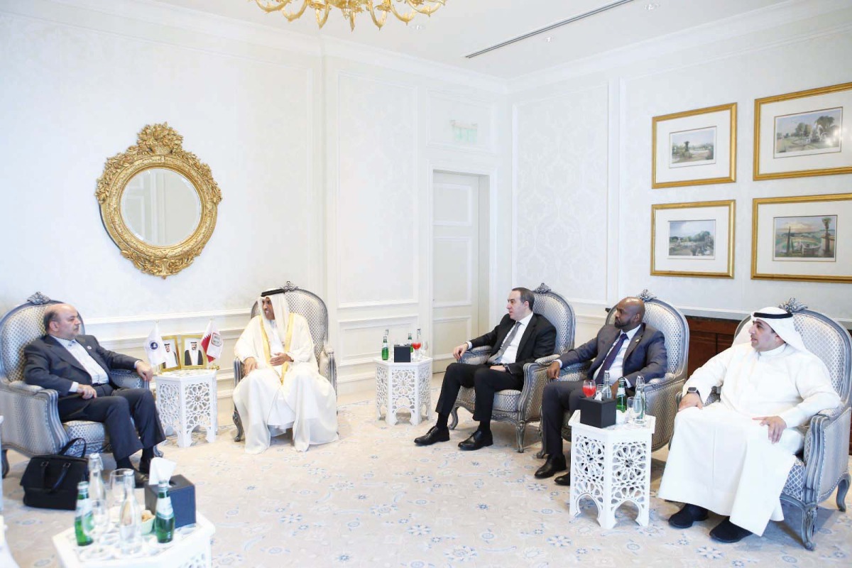 President of the Association of Secretaries-General of Arab Parliaments and the Secretary-General of the Shura Council H E Dr. Ahmed bin Nasser Al Fadala (second left) meeting Secretary-General of the Asian Parliamentary Assembly H E Mohammad Reza Majidi in Doha yesterday. 
