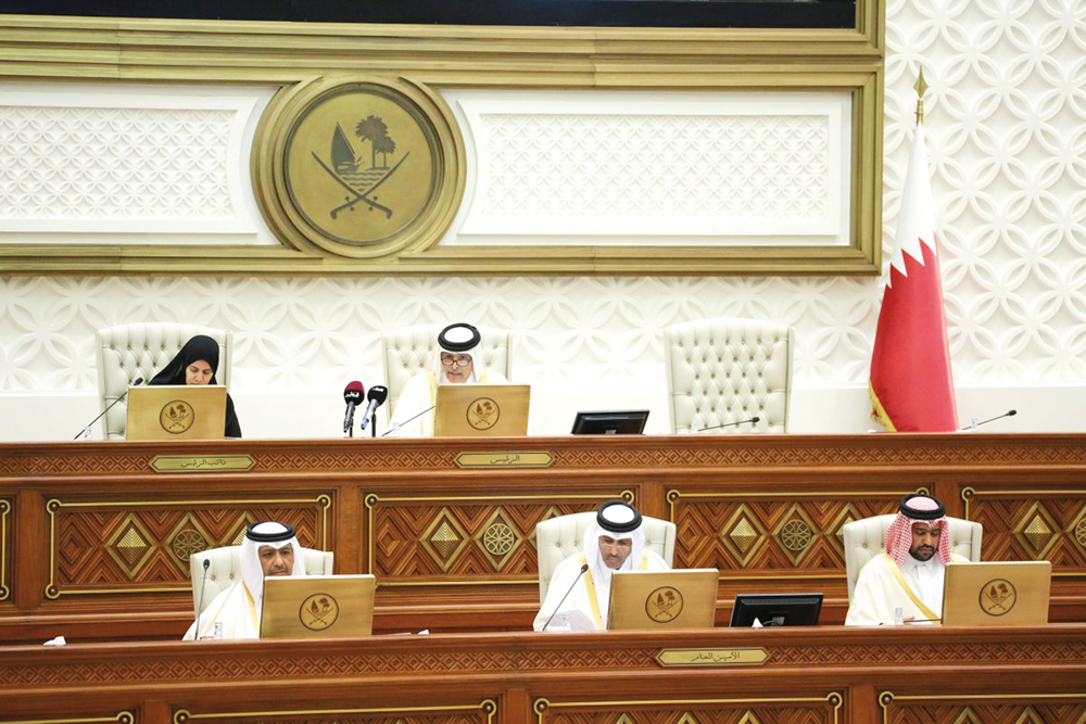 Speaker of the Shura Council H E Hassan bin Abdullah Al Ghanim chairing an ordinary weekly session of the council at Tamim bin Hamad Hall yesterday.