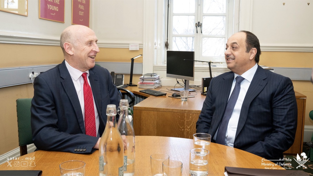 Deputy Prime Minister and Minister of State for Defense Affairs H E Dr. Khalid bin Mohammed Al Attiyah meeting British Shadow Secretary of State for Defense H E John Healey in London yesterday.
