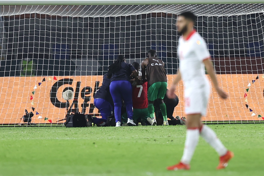 Namibia's midfielder #7 Deon Hotto (C) celebrates scoring his team's first goal during the Africa Cup of Nations (CAN) 2024 group E football match between Tunisia and Namibia at Amadou Gon Coulibaly Stadium in Korhogo on January 16, 2024. (Photo by Fadel SENNA / AFP)
