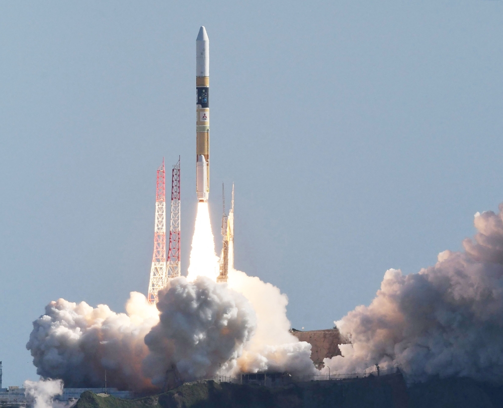 A H-IIA rocket carrying a small lunar surface probe and other objects lifts off from the Tanegashima Space Centre on Tanegashima island, Kagoshima prefecture on September 7, 2023. Photo by JIJI Press / AFP